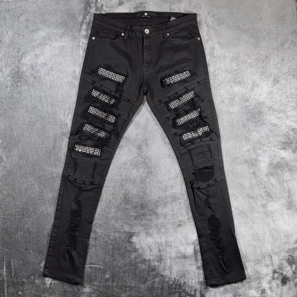 Focus Jeans Mens 32x32 Black Distressed Rhinestone Streetwear Moto Slim Pants